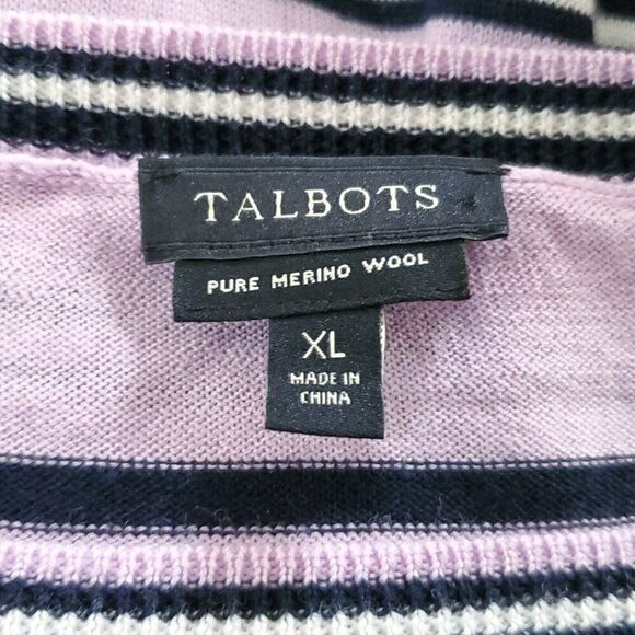 Talbots Merino Wool Sweater XL Striped Lilac Purple Navy Blue Coastal Pull Over - Picture 4 of 5